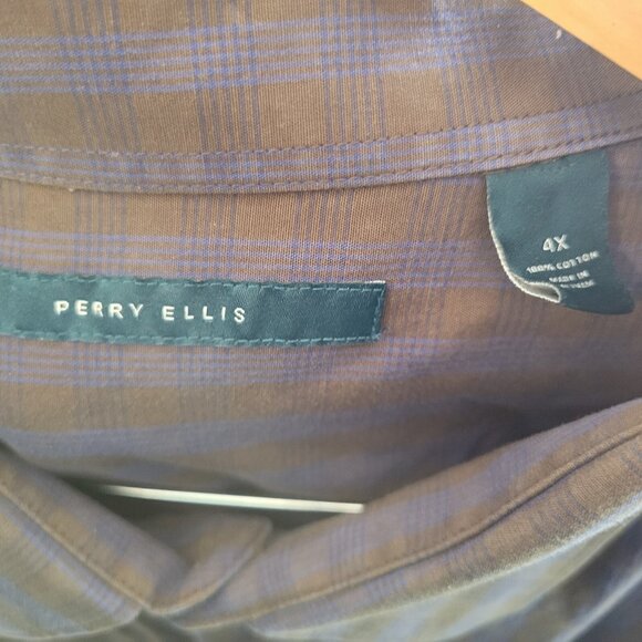 Perry Ellis Mens Shirt 4X Long Sleeve Button Brown Blue Plaid Lightweight PLA80E - Picture 8 of 8